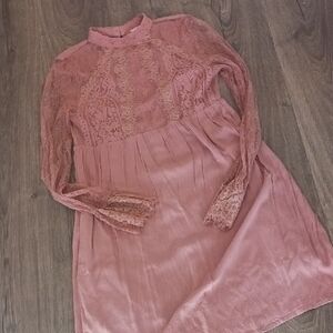 Altar'd State Rose Mauve Lace High-Neck Midi Dress